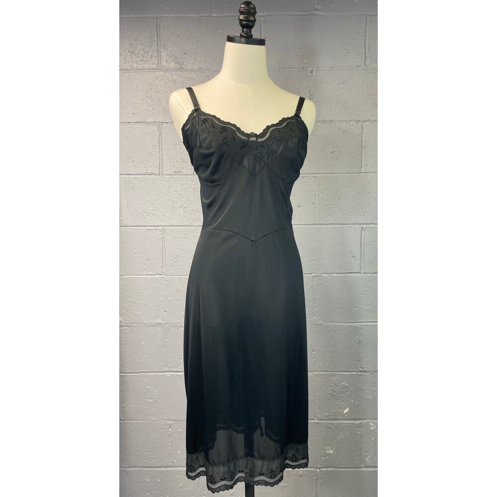 Vintage Black Nylon Slip Dress Embroidered Cut Out Pin Up Goth Sz 38 Slip Dress